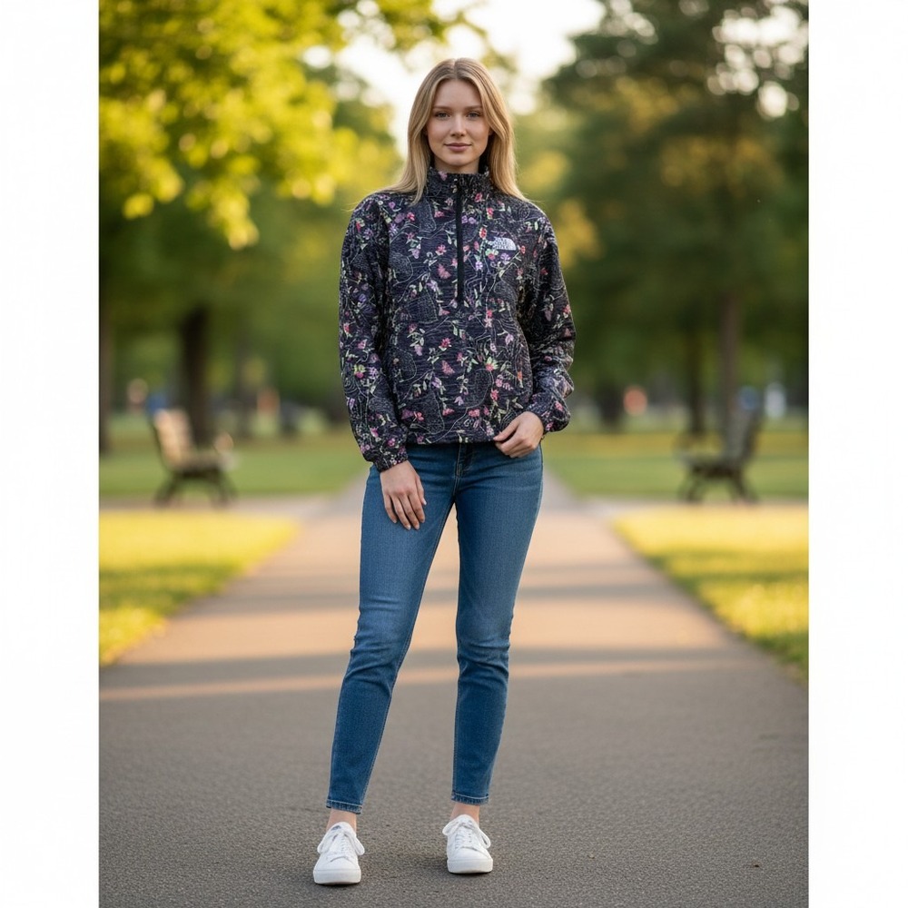 The North Face Womens XS Floral Topographical Quarter Zip Windbreaker Jacket